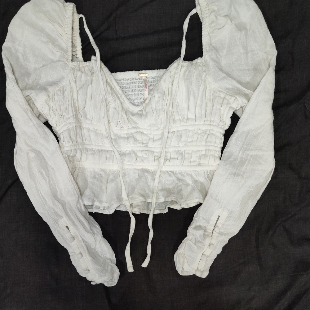 Free People Chloe White Smocked Tie Front Top Size Small
